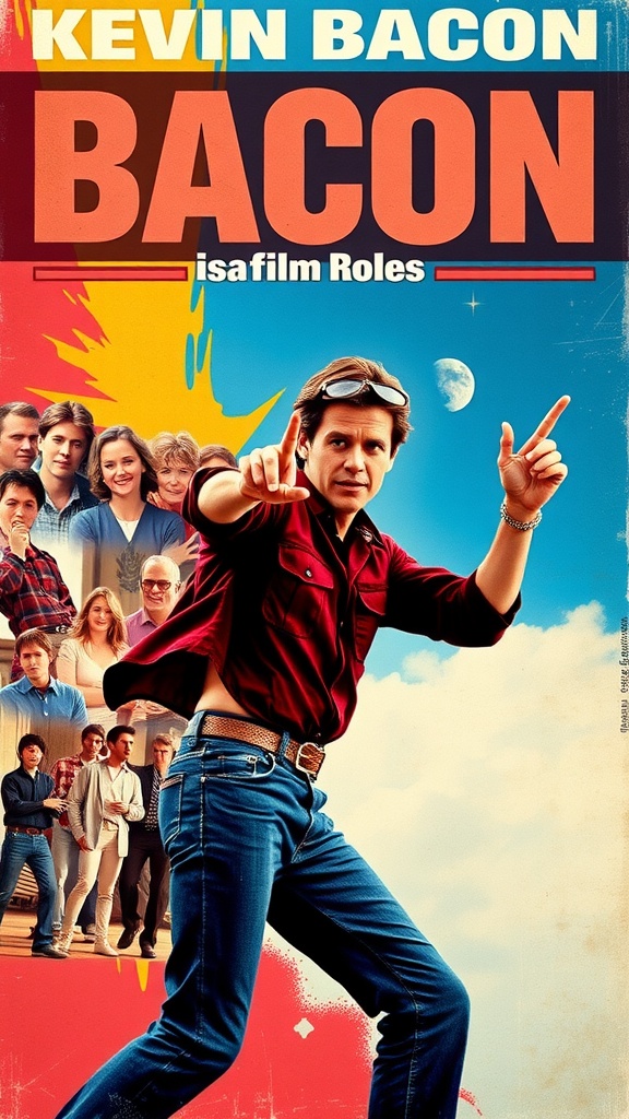 Vintage poster of Kevin Bacon with scenes from his 90s films.